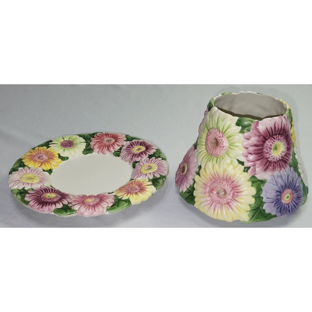 Yankee Candle Gerbera Daisy Jar Shade and Plate Set Floral Flowers Embossed 3D - Picture 7 of 13